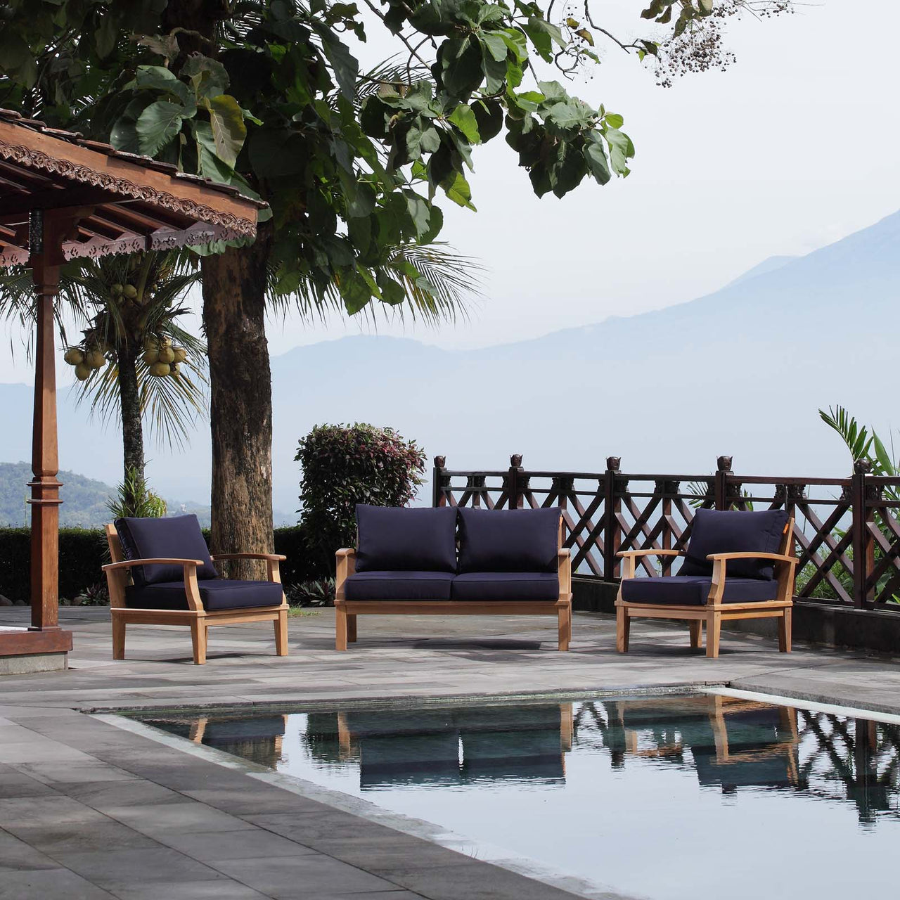 Shorehaven 3-Piece Alfresco Lounging Set, Natural Wood & Navy