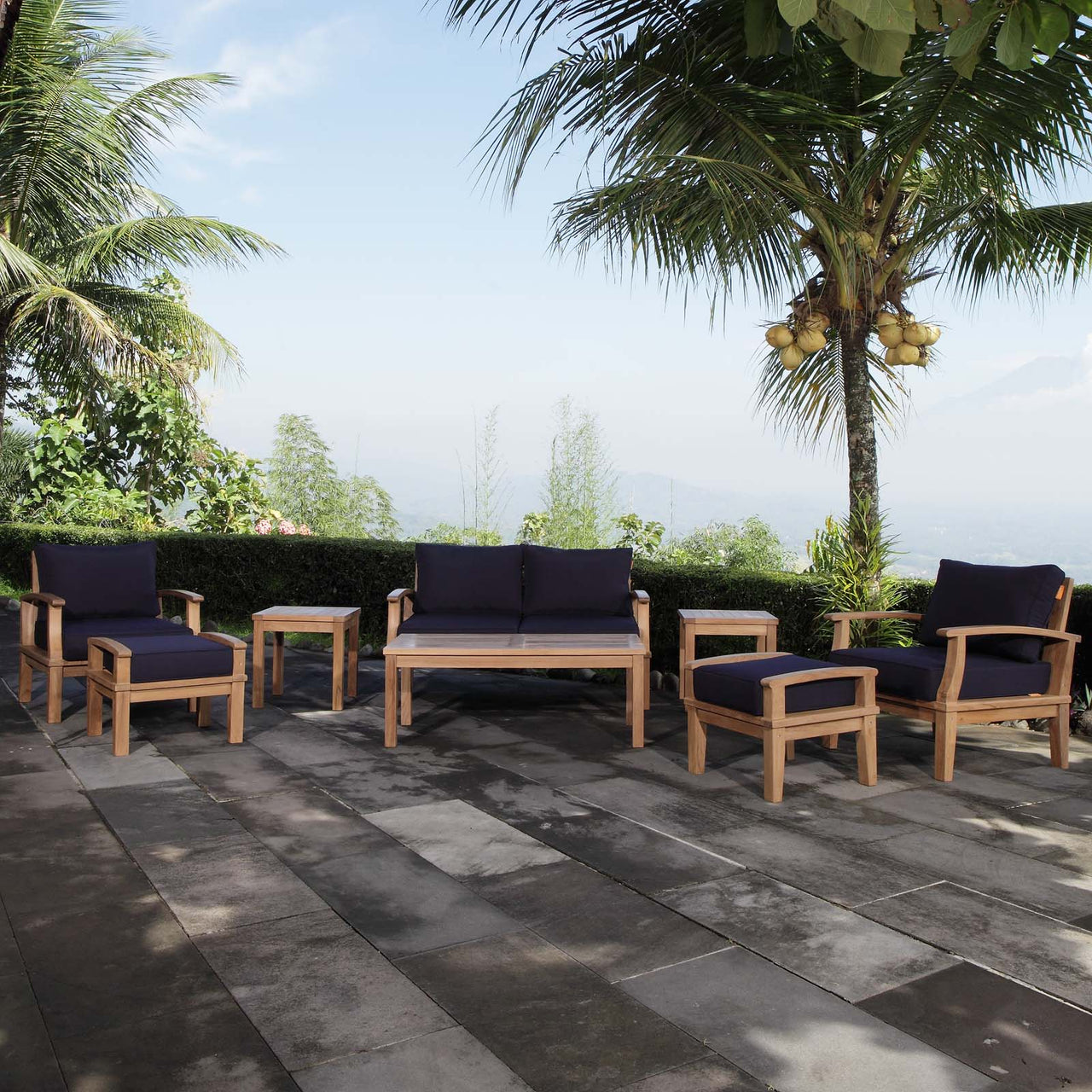Shorehaven 8-Piece Alfresco Lounging Set, Natural Wood & Navy