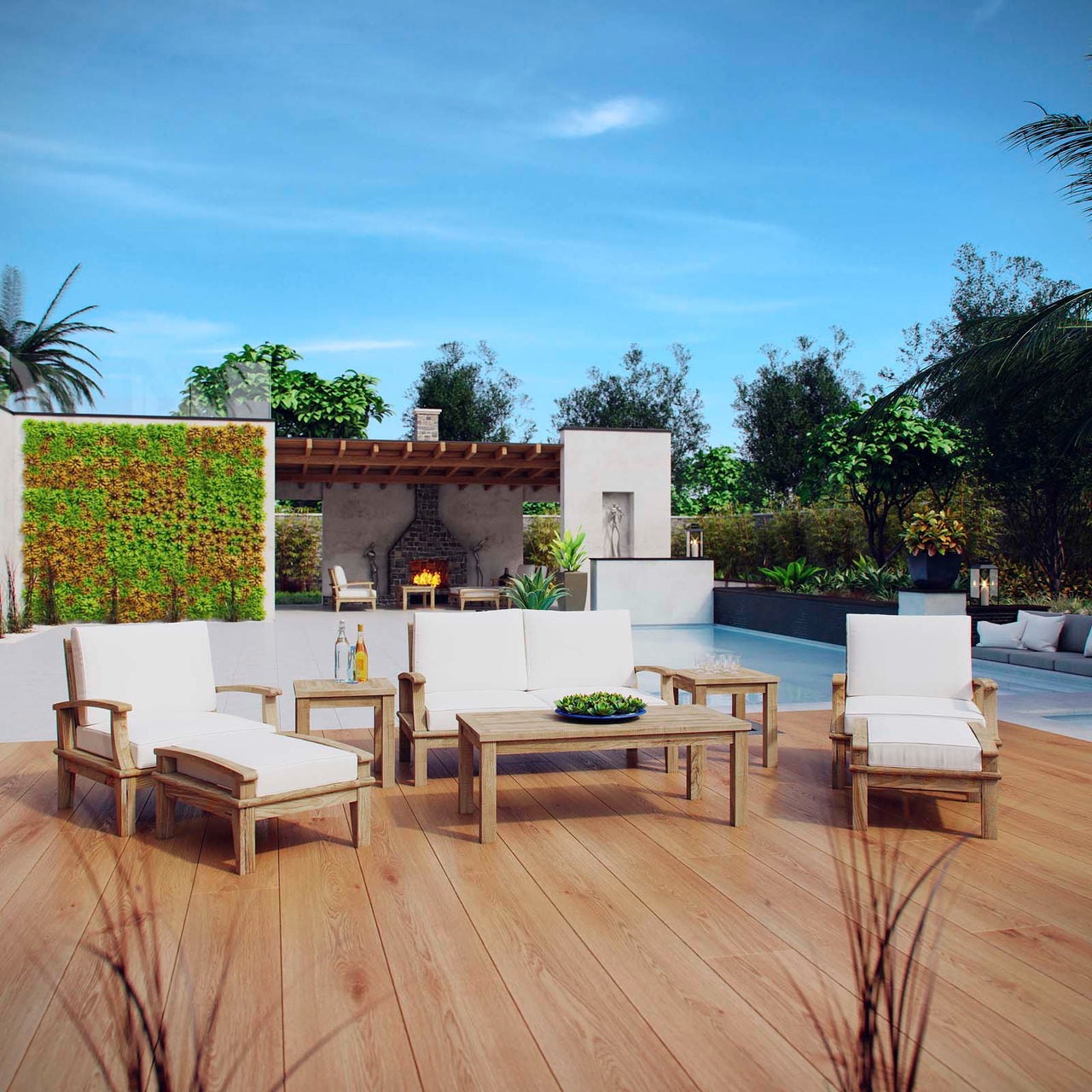 Shorehaven 8-Piece Alfresco Lounging Set, Natural Wood & White