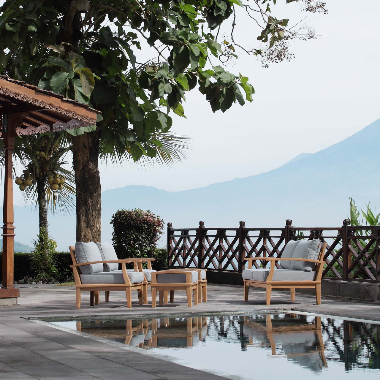 Shorehaven 5-Piece Alfresco Lounging Set, Natural Wood & Gray