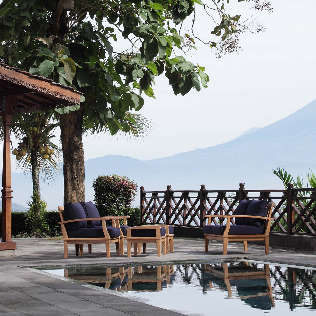 Shorehaven 5-Piece Alfresco Lounging Set, Natural Wood & Navy