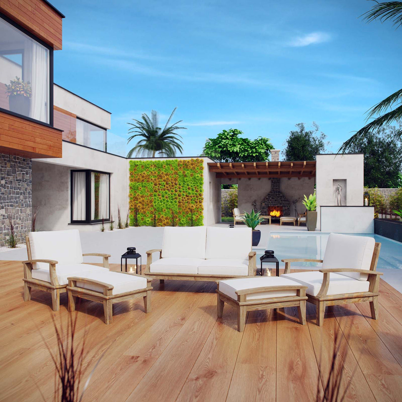 Shorehaven 5-Piece Alfresco Lounging Set, Natural Wood & White