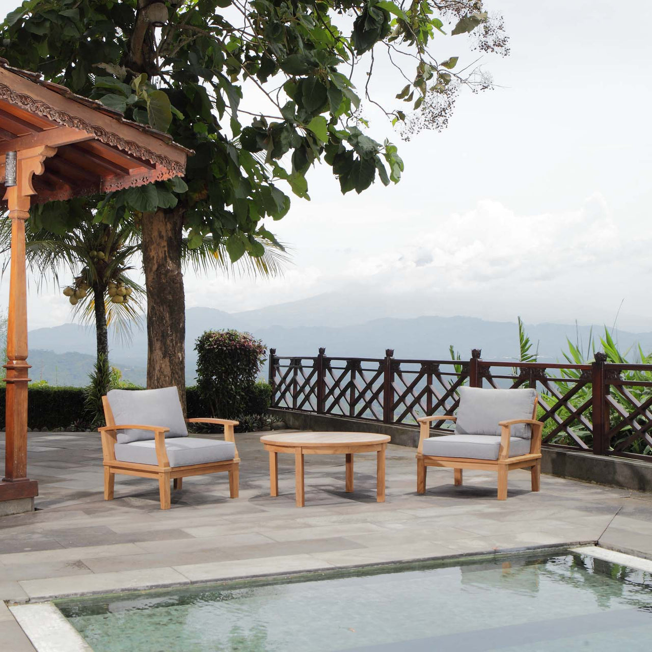 Shorehaven 3-Piece Alfresco Lounging Set, Natural Wood & Gray