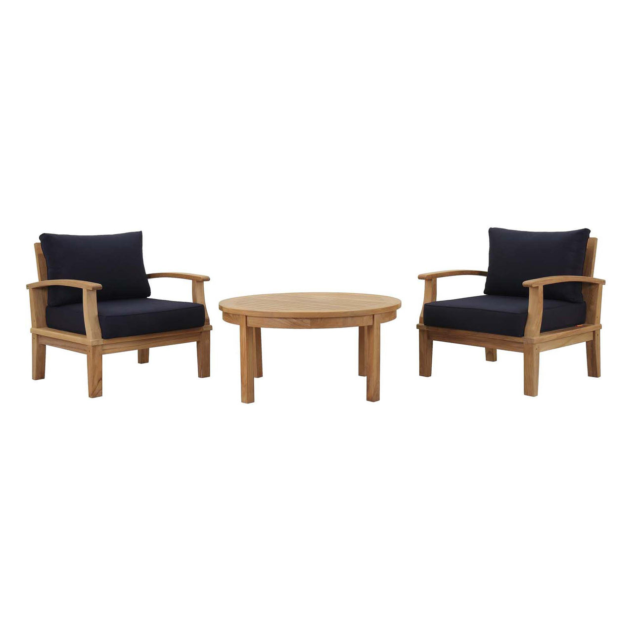 Marina 3 Piece Outdoor Patio Teak Set, Natural Wood & Navy