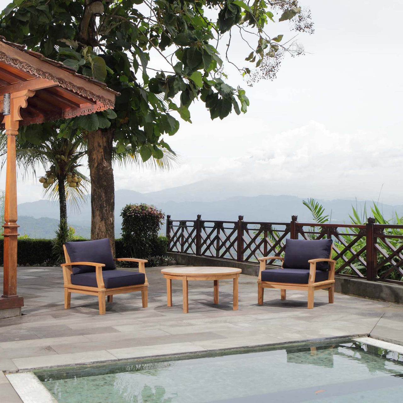 Marina 3 Piece Outdoor Patio Teak Set, Natural Wood & Navy