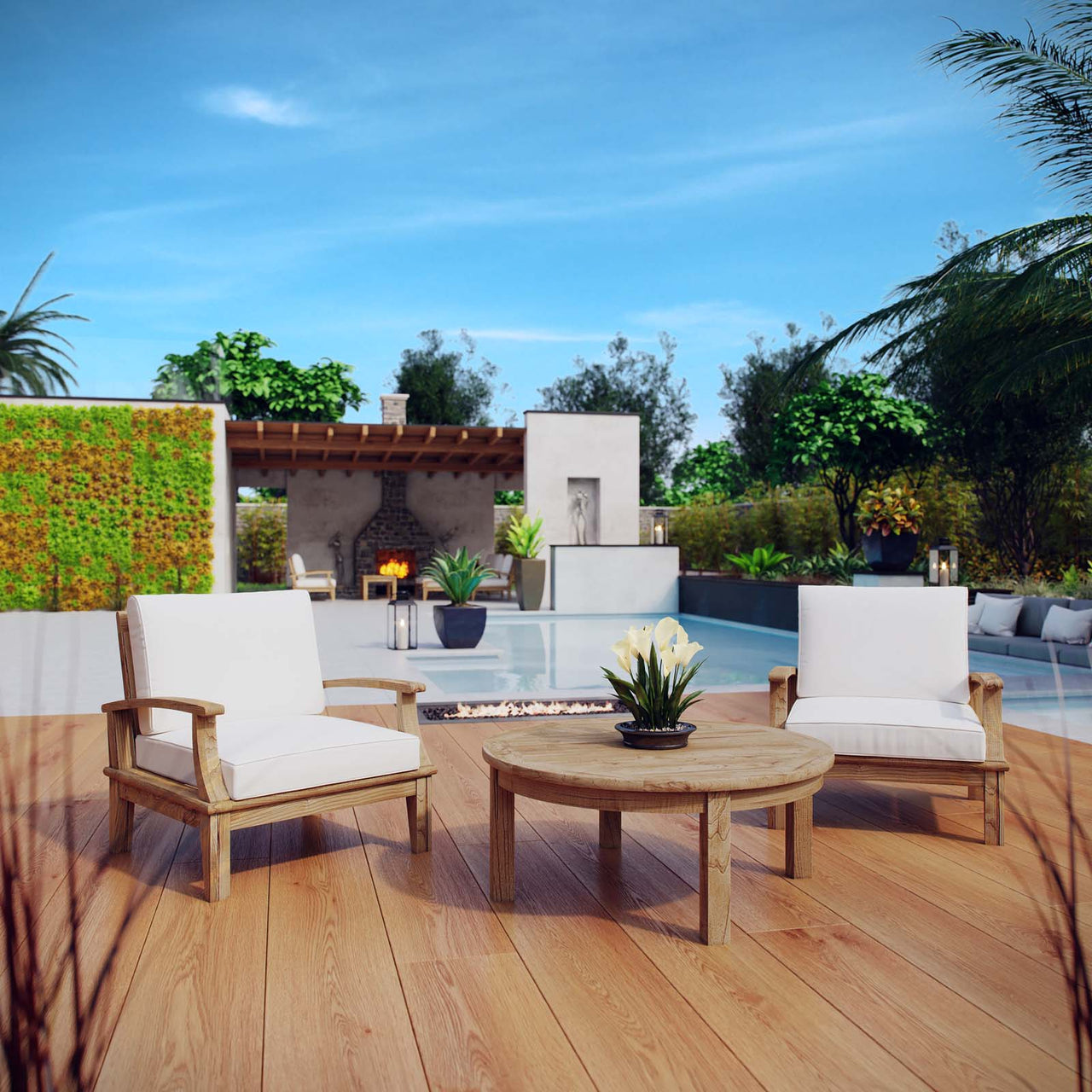 Shorehaven 3-Piece Alfresco Lounging Set, Natural Wood & White