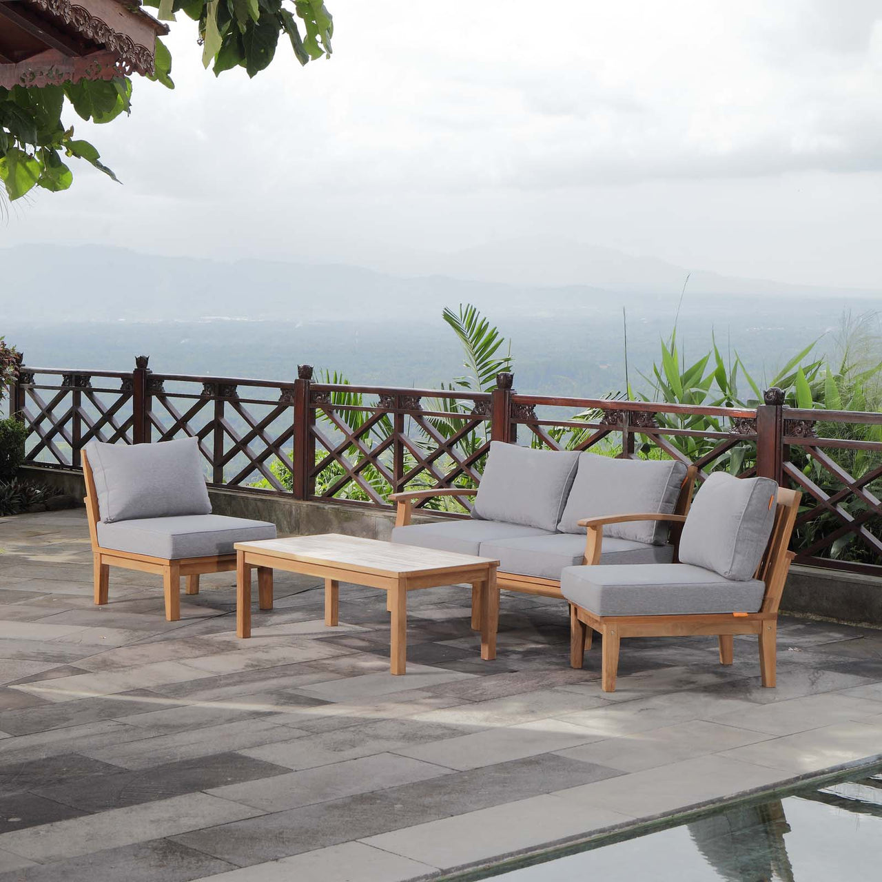 Marina 5 Piece Outdoor Patio Teak Set, Natural Wood & Gray