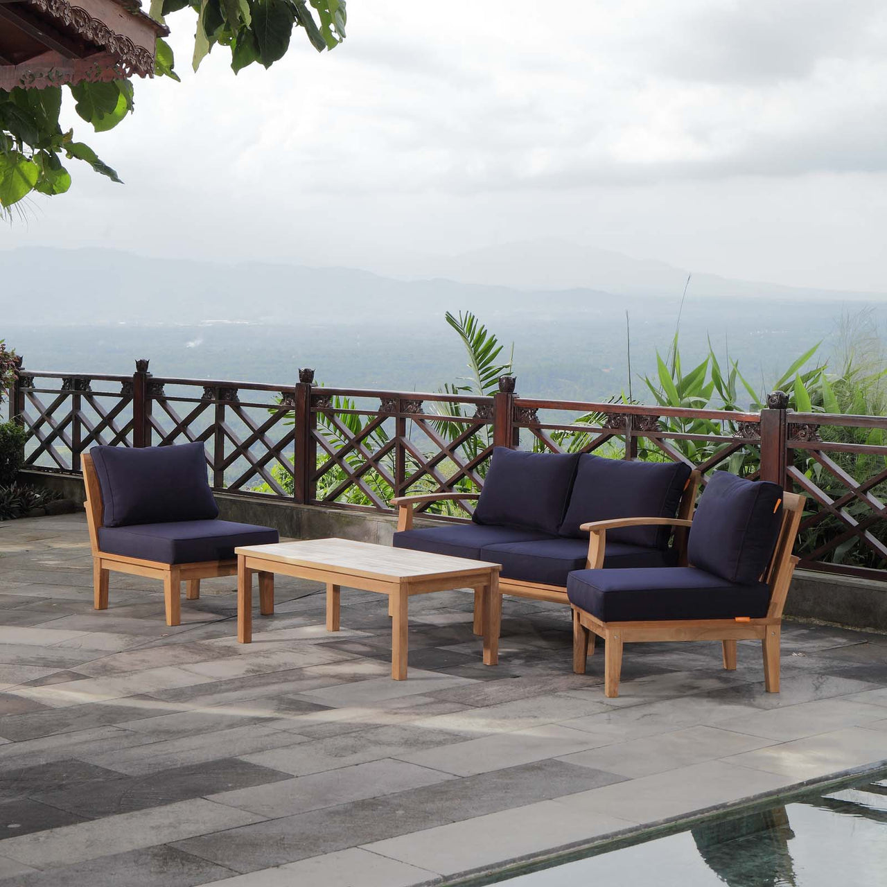 Marina 5 Piece Outdoor Patio Teak Set, Natural Wood & Navy