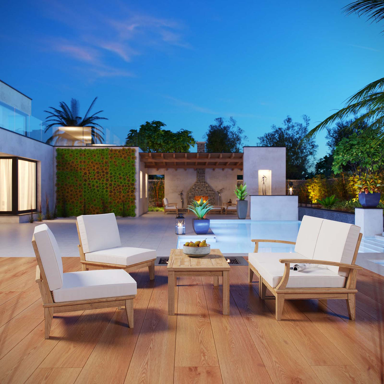 Marina 5 Piece Outdoor Patio Teak Set, Natural Wood & White