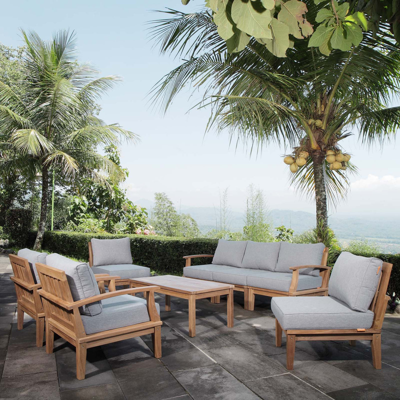 Marina 8 Piece Outdoor Patio Teak Set, Natural Wood & Gray