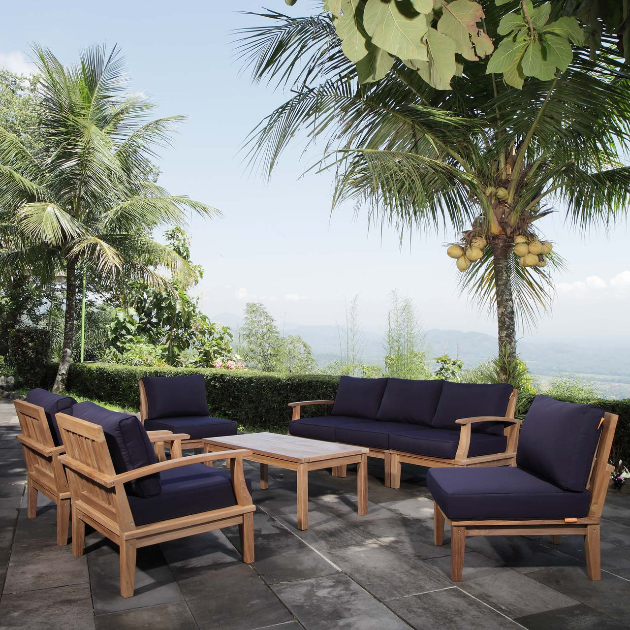 Shorehaven 8-Piece Alfresco Lounging Set, Natural Wood & Navy