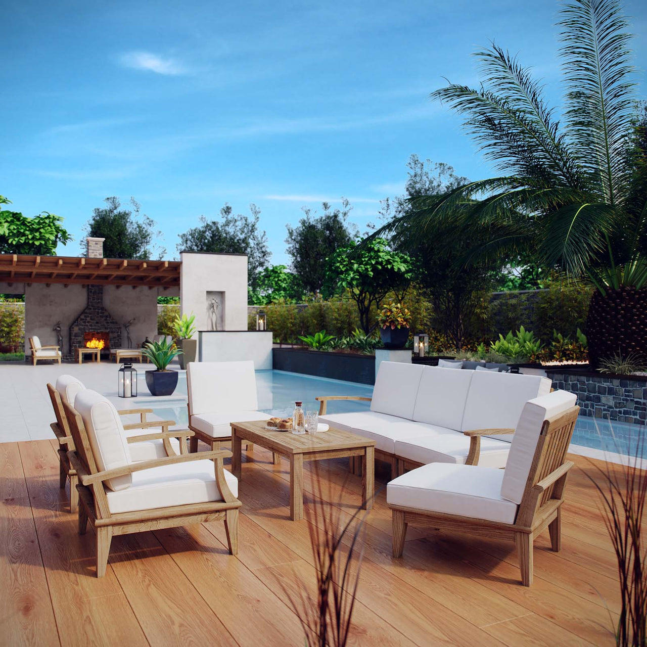 Shorehaven 8-Piece Alfresco Lounging Set, Natural Wood & White