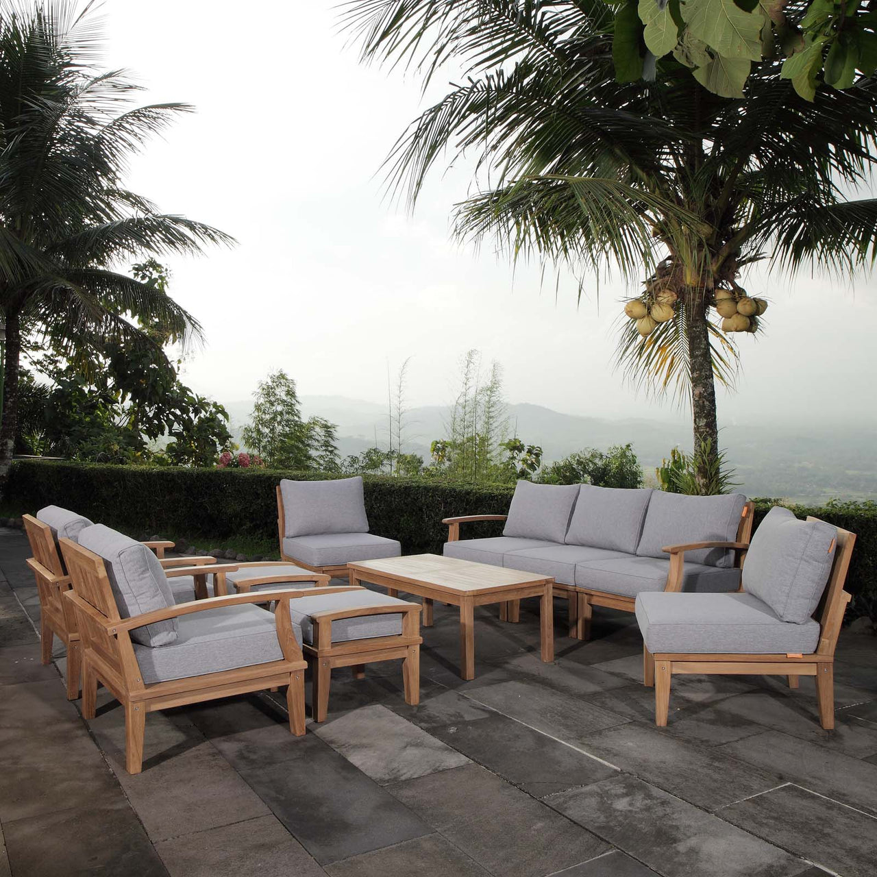 Shorehaven 10-Piece Alfresco Lounging Set, Natural Wood & Gray