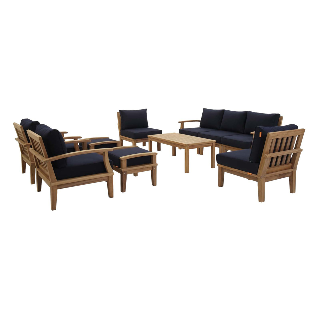 Marina 10 Piece Outdoor Patio Teak Set, Natural Wood & Navy