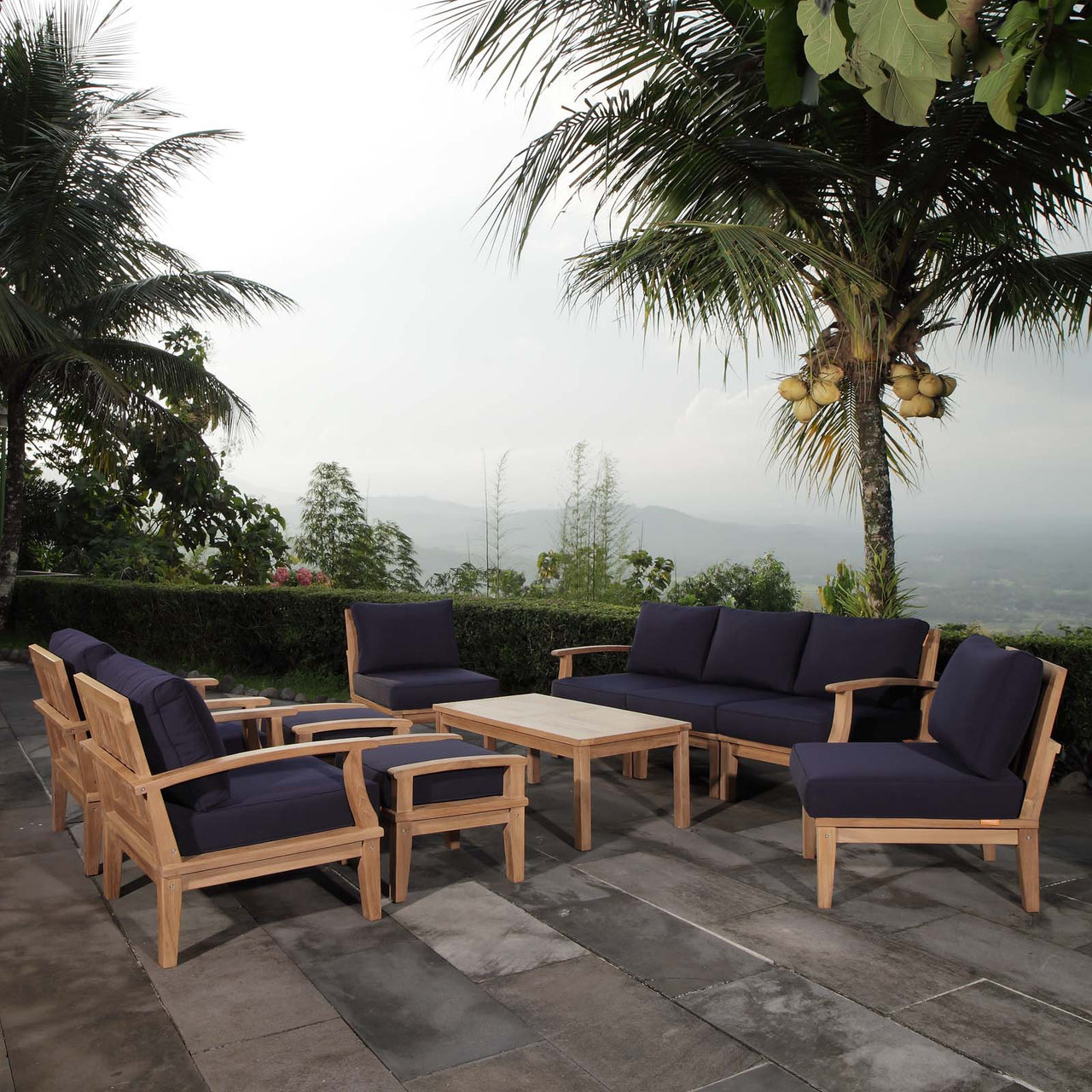 Marina 10 Piece Outdoor Patio Teak Set, Natural Wood & Navy