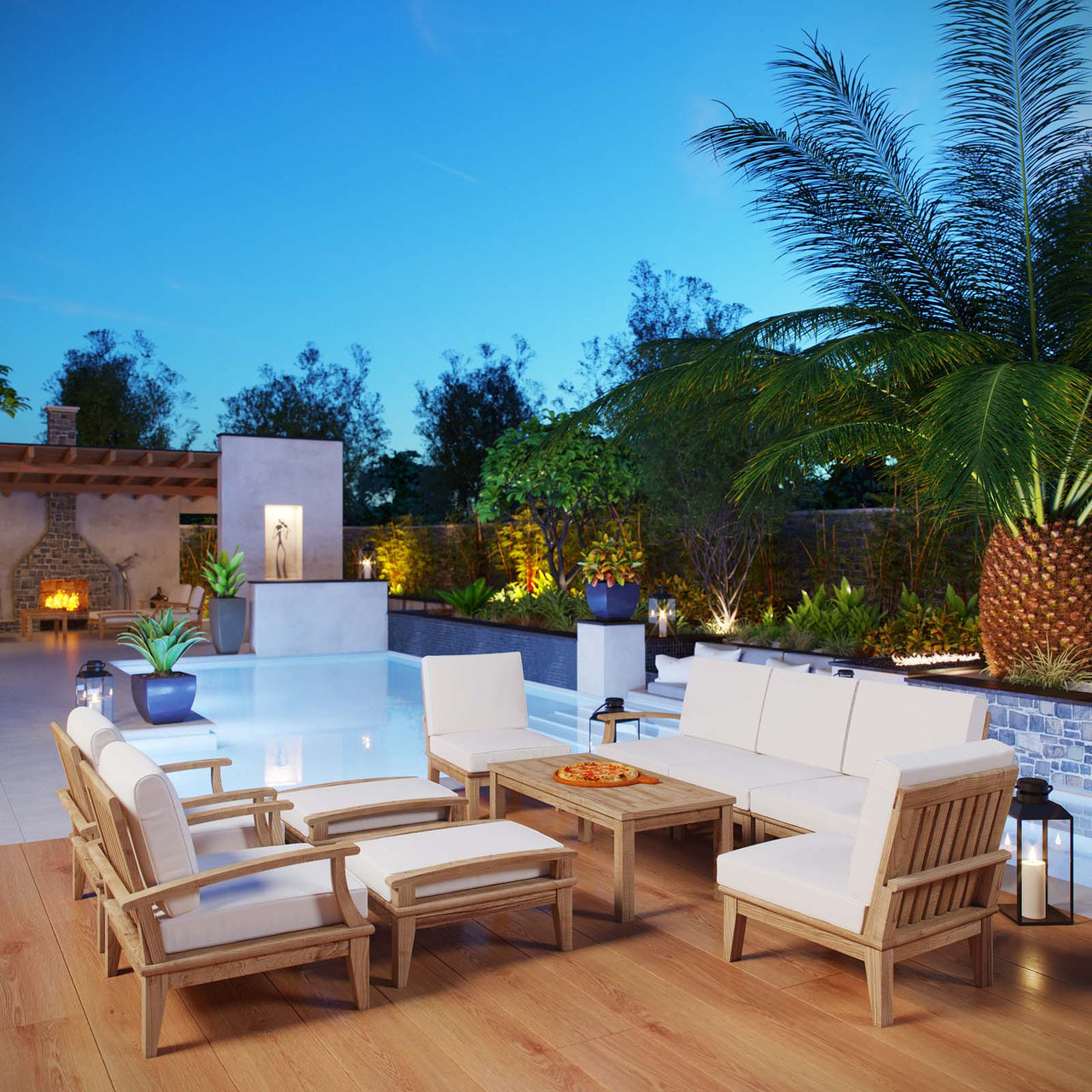 Marina 10 Piece Outdoor Patio Teak Set, Natural Wood & White