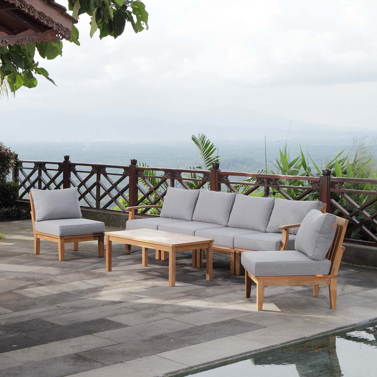 Marina 7 Piece Outdoor Patio Teak Set, Natural Wood & Gray