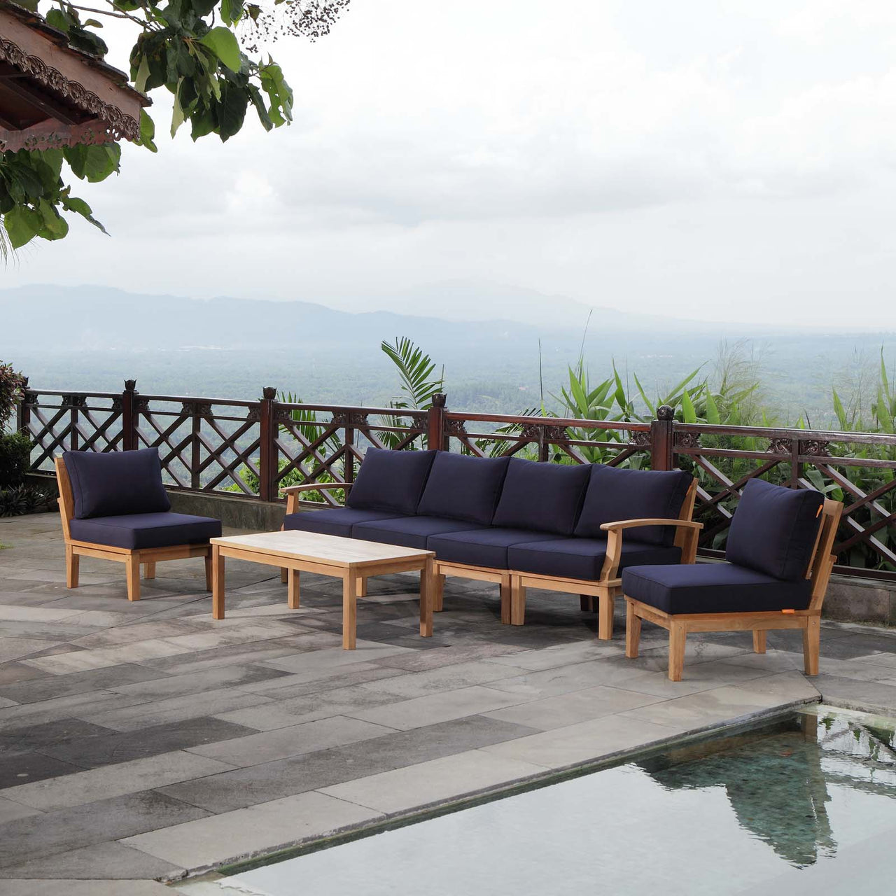 Shorehaven 7-Piece Alfresco Lounging Set, Natural Wood & Navy