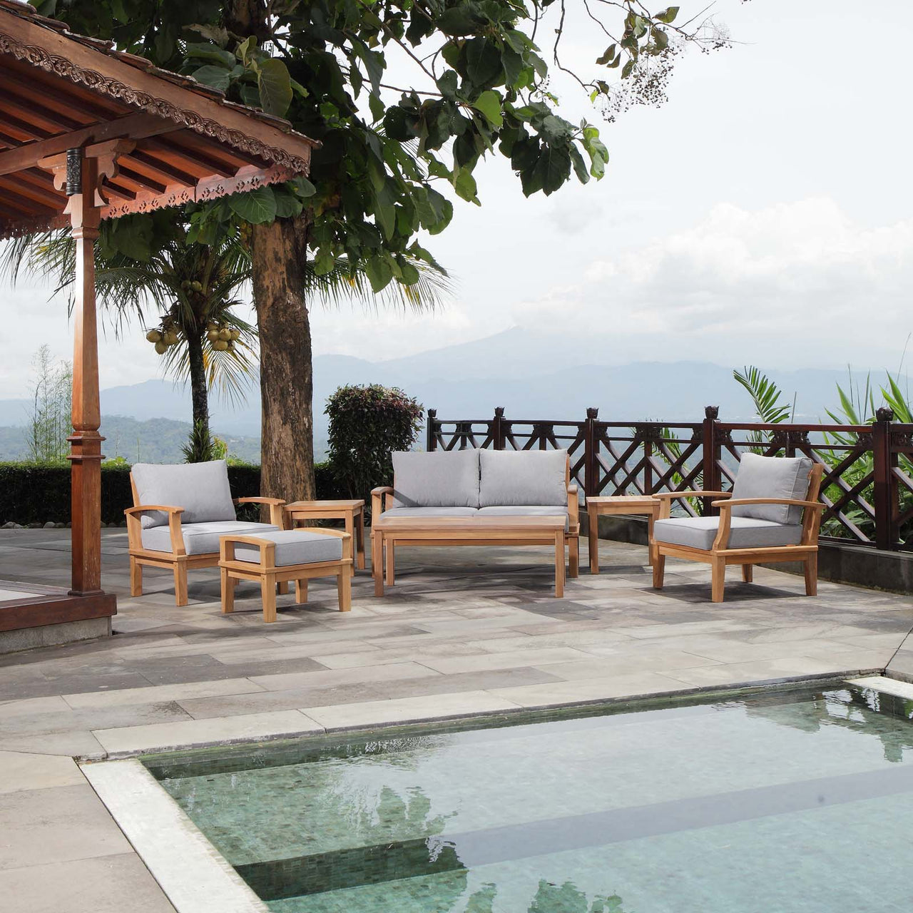 Shorehaven 7-Piece Alfresco Lounging Set, Natural Wood & Gray