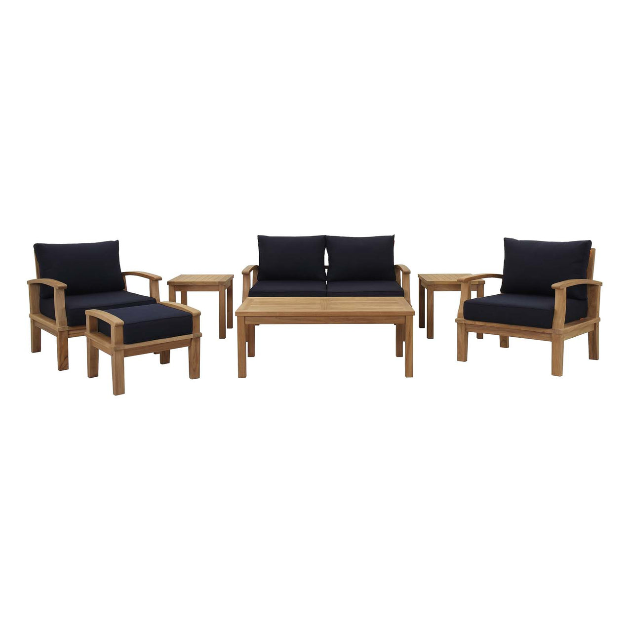 Marina 7 Piece Outdoor Patio Teak Set, Natural Wood & Navy