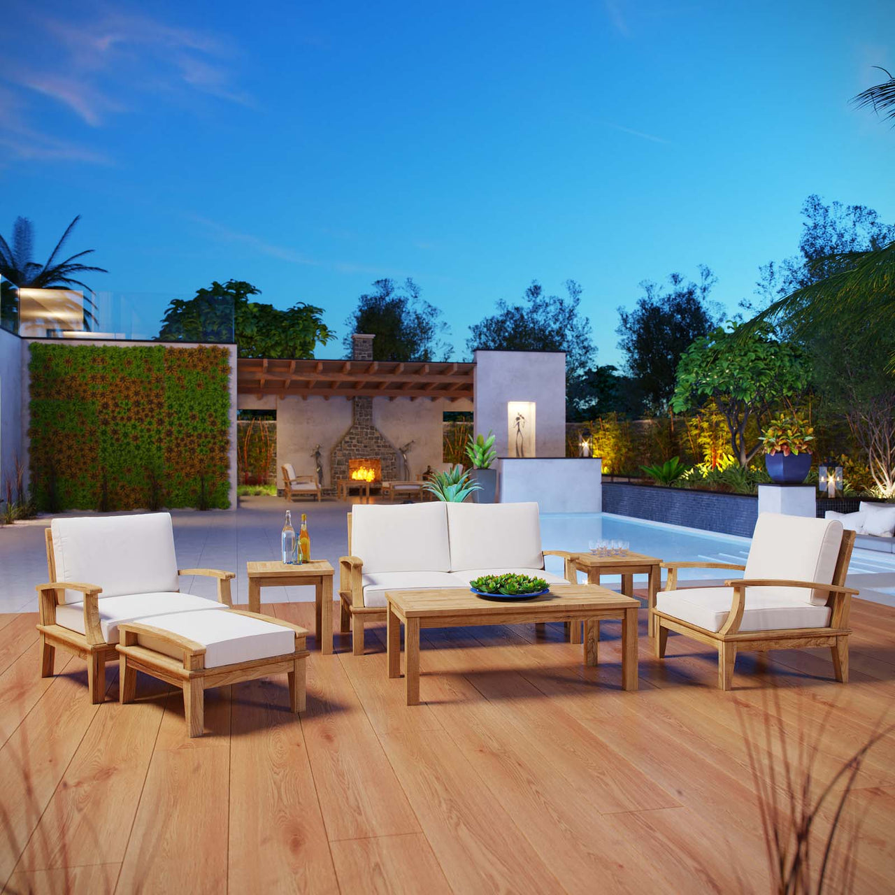 Shorehaven 7-Piece Alfresco Lounging Set, Natural Wood & White