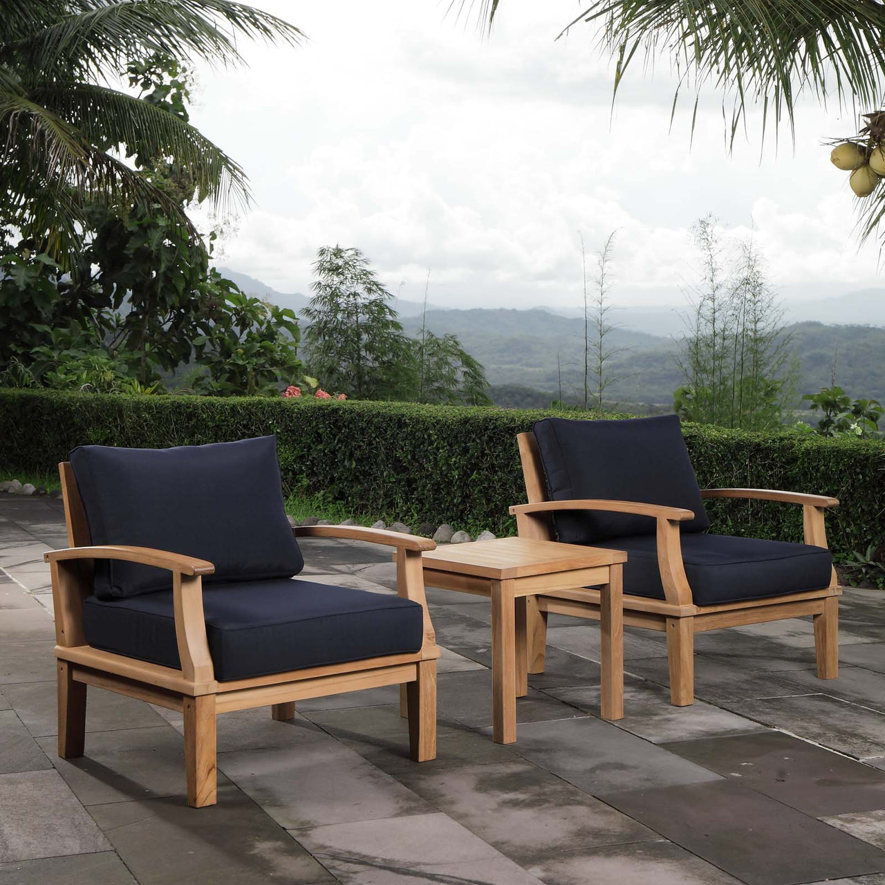 Shorehaven 3-Piece Alfresco Lounging Set, Natural Wood & Navy