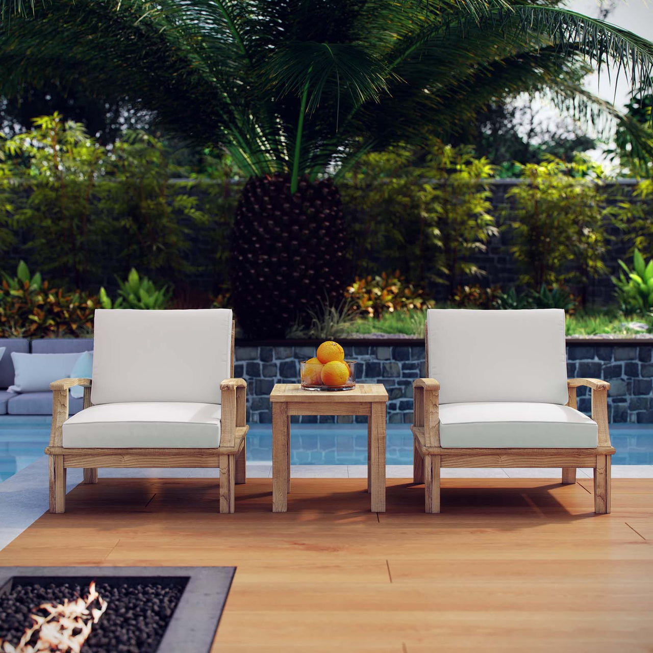 Marina 3 Piece Outdoor Patio Teak Set, Natural Wood & White