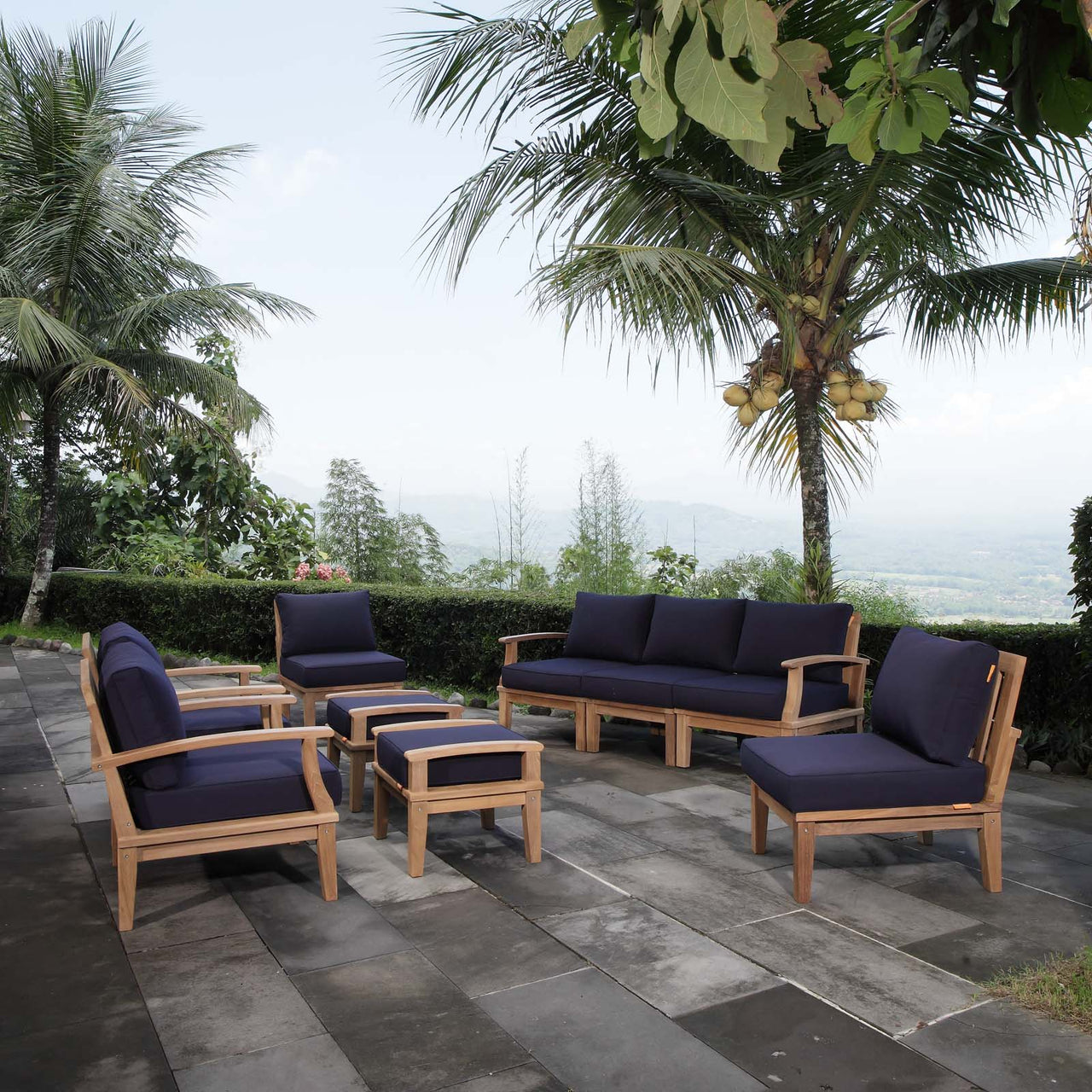 Marina 9 Piece Outdoor Patio Teak Set, Natural Wood & Navy