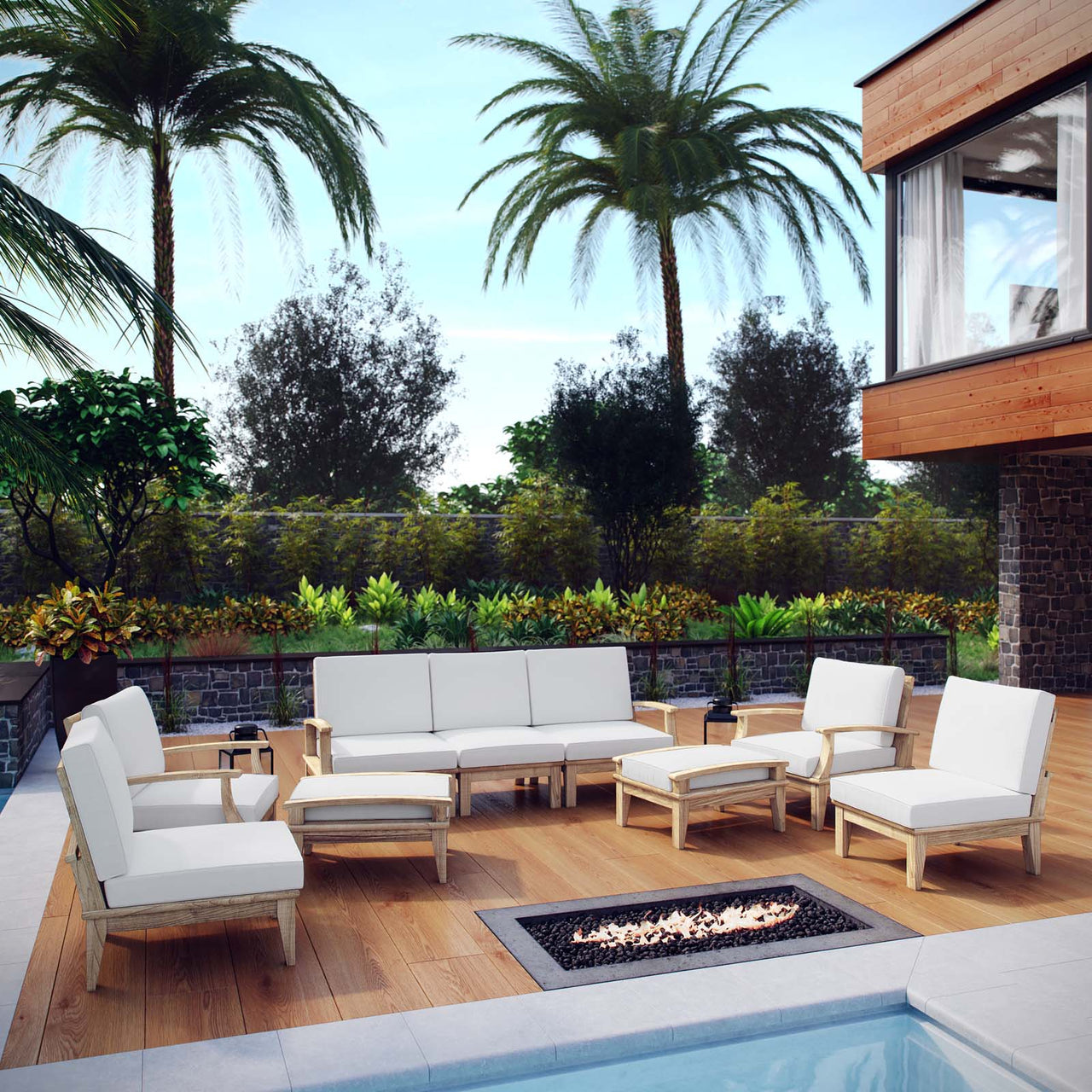 Shorehaven 9-Piece Alfresco Lounging Set, Natural Wood & White