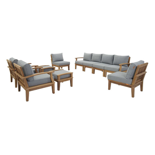Marina 10 Piece Outdoor Patio Teak Set, Natural Wood & Gray