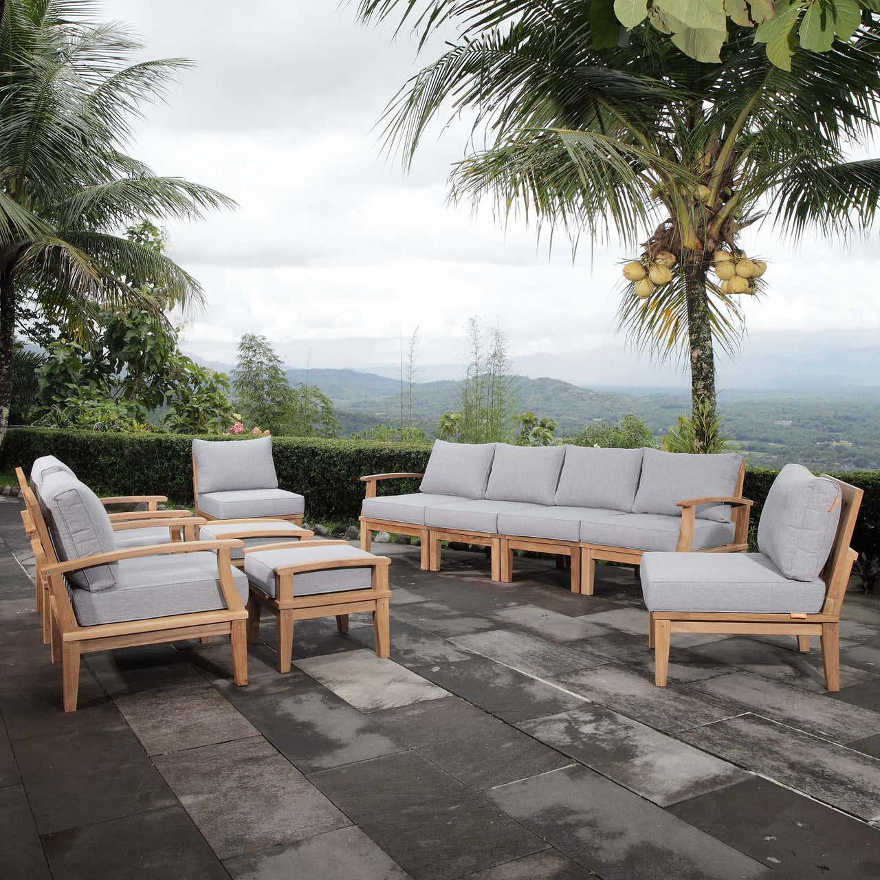 Marina 10 Piece Outdoor Patio Teak Set, Natural Wood & Gray