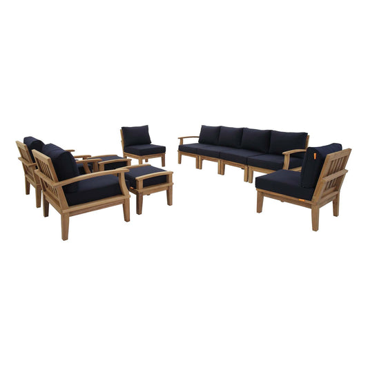 Marina 10 Piece Outdoor Patio Teak Set, Natural Wood & Navy