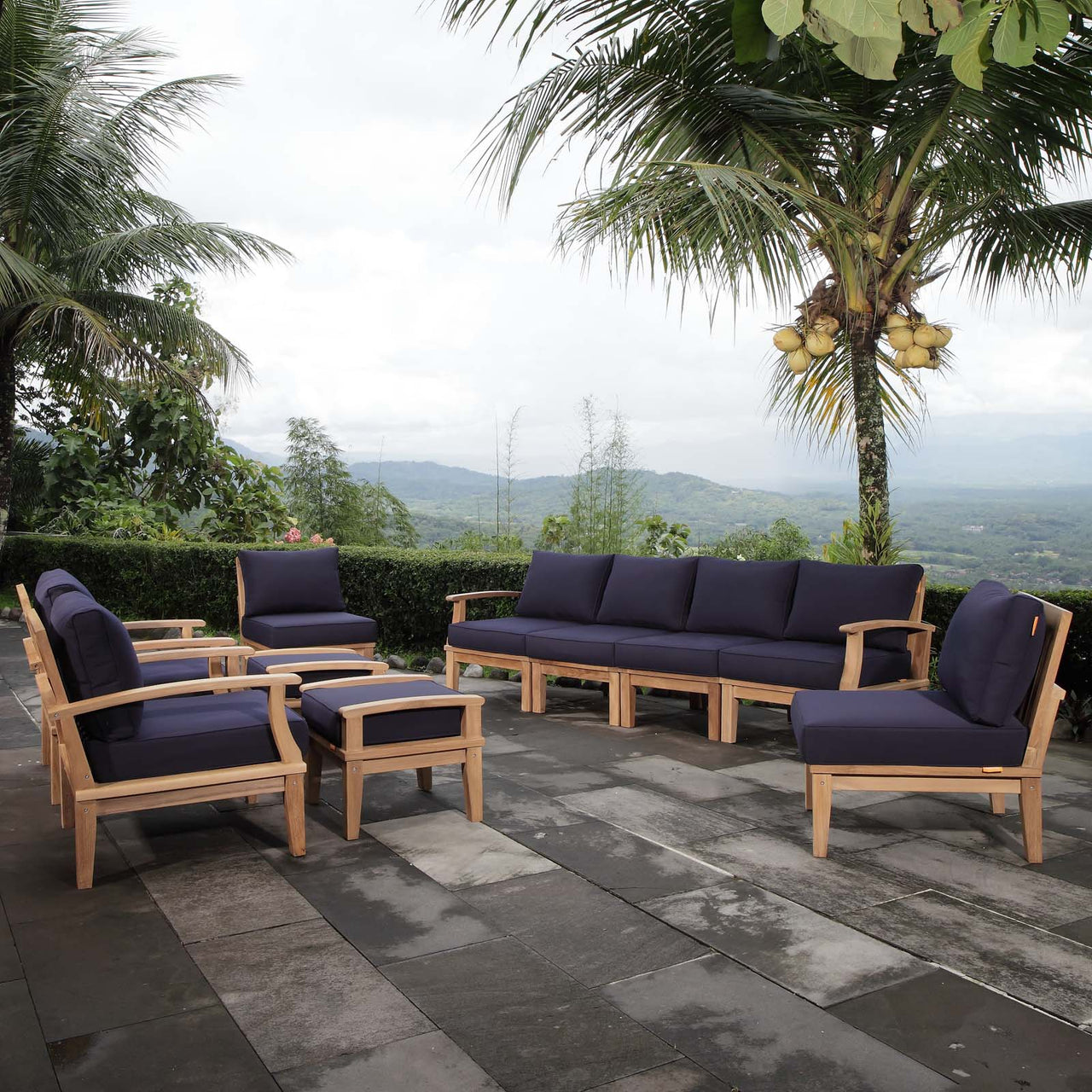 Shorehaven 10-Piece Alfresco Lounging Set, Natural Wood & Navy