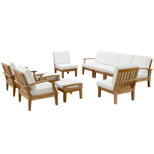 Marina 10 Piece Outdoor Patio Teak Set, Natural Wood & White