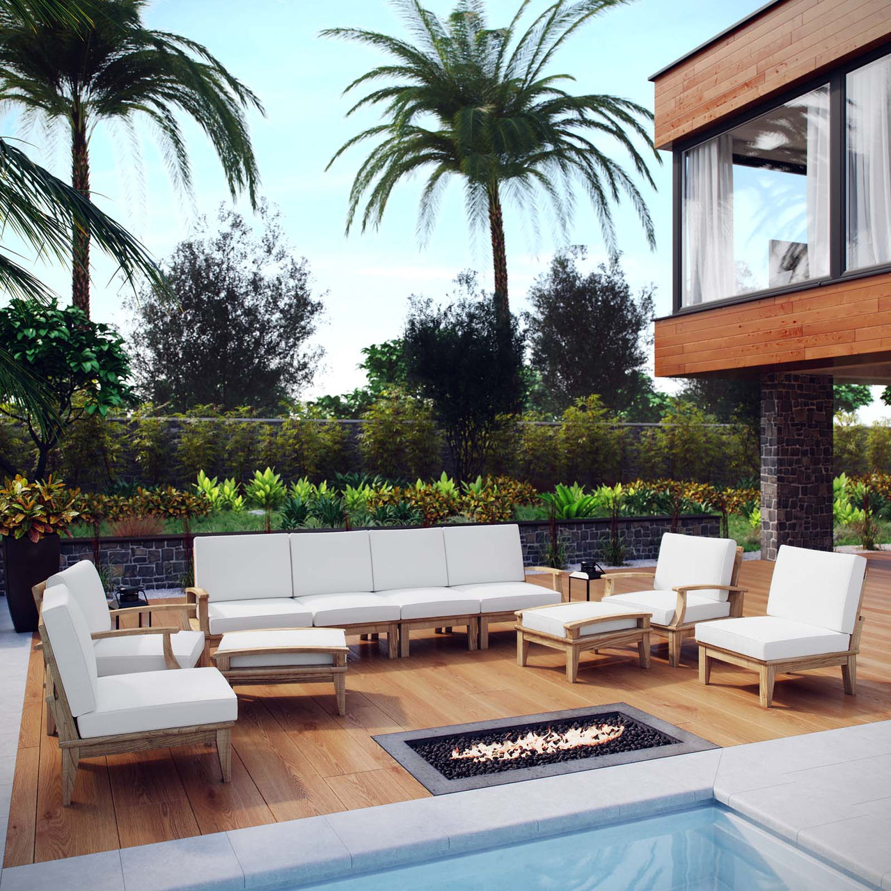 Marina 10 Piece Outdoor Patio Teak Set, Natural Wood & White