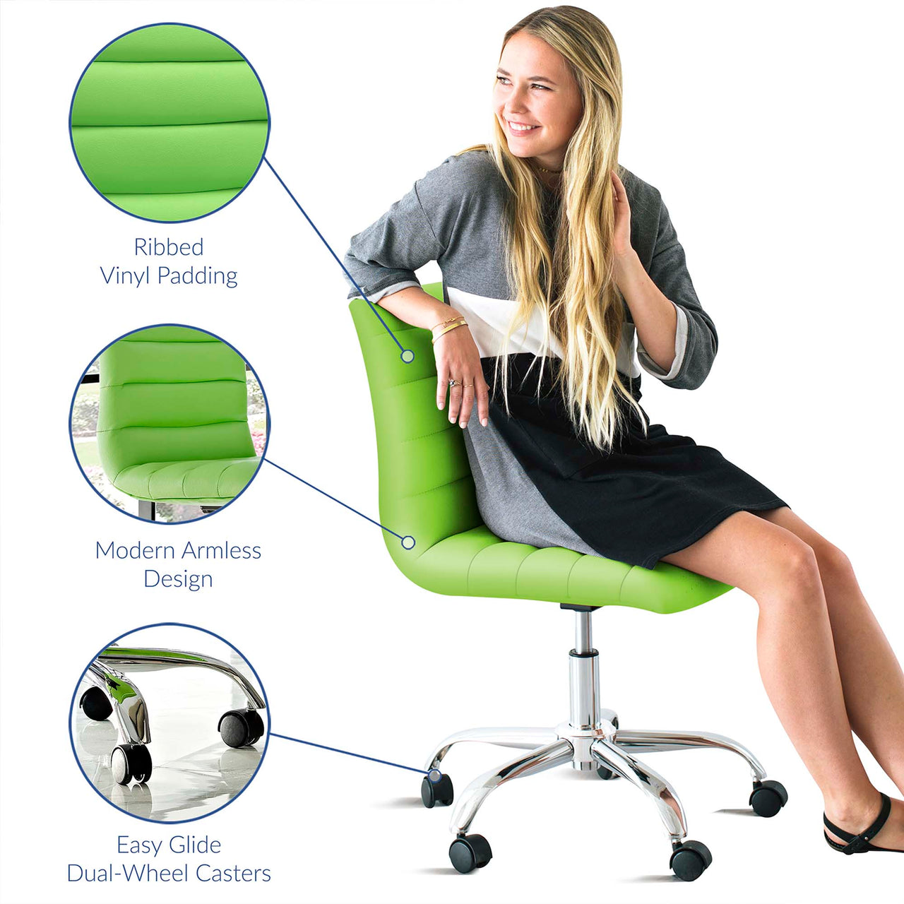 Drift Armless Mid Back Eco-Leather Office Chair, Bright Green