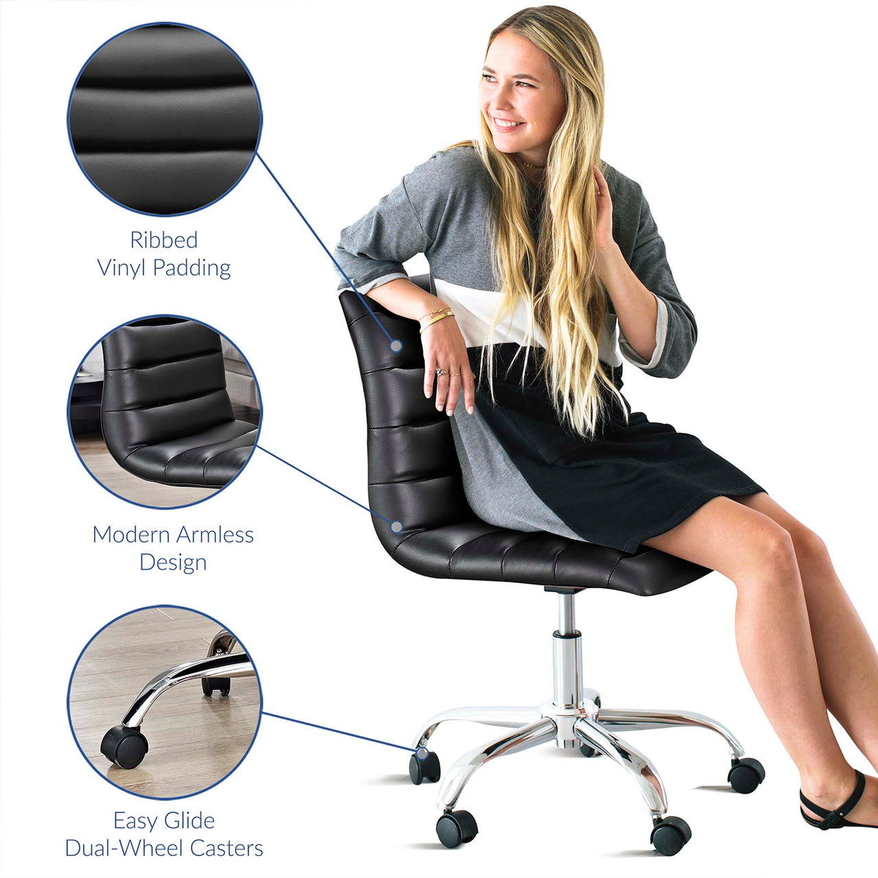 Drift Armless Mid Back Eco-Leather Office Chair, Black