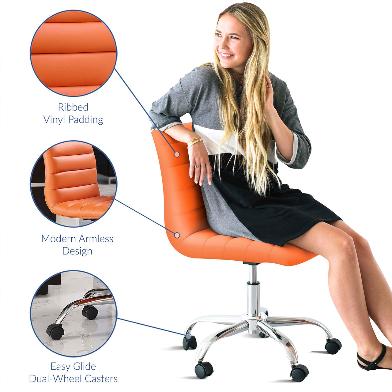 Ripple Armless Mid Back Vinyl Office Chair, Orange