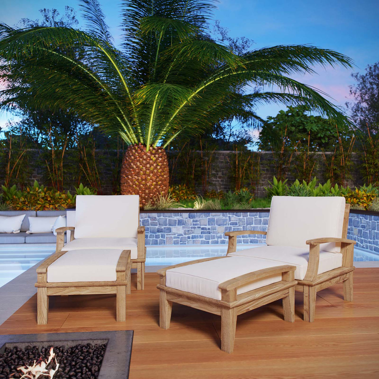 Shorehaven 4-Piece Alfresco Lounging Set, Natural Wood & White