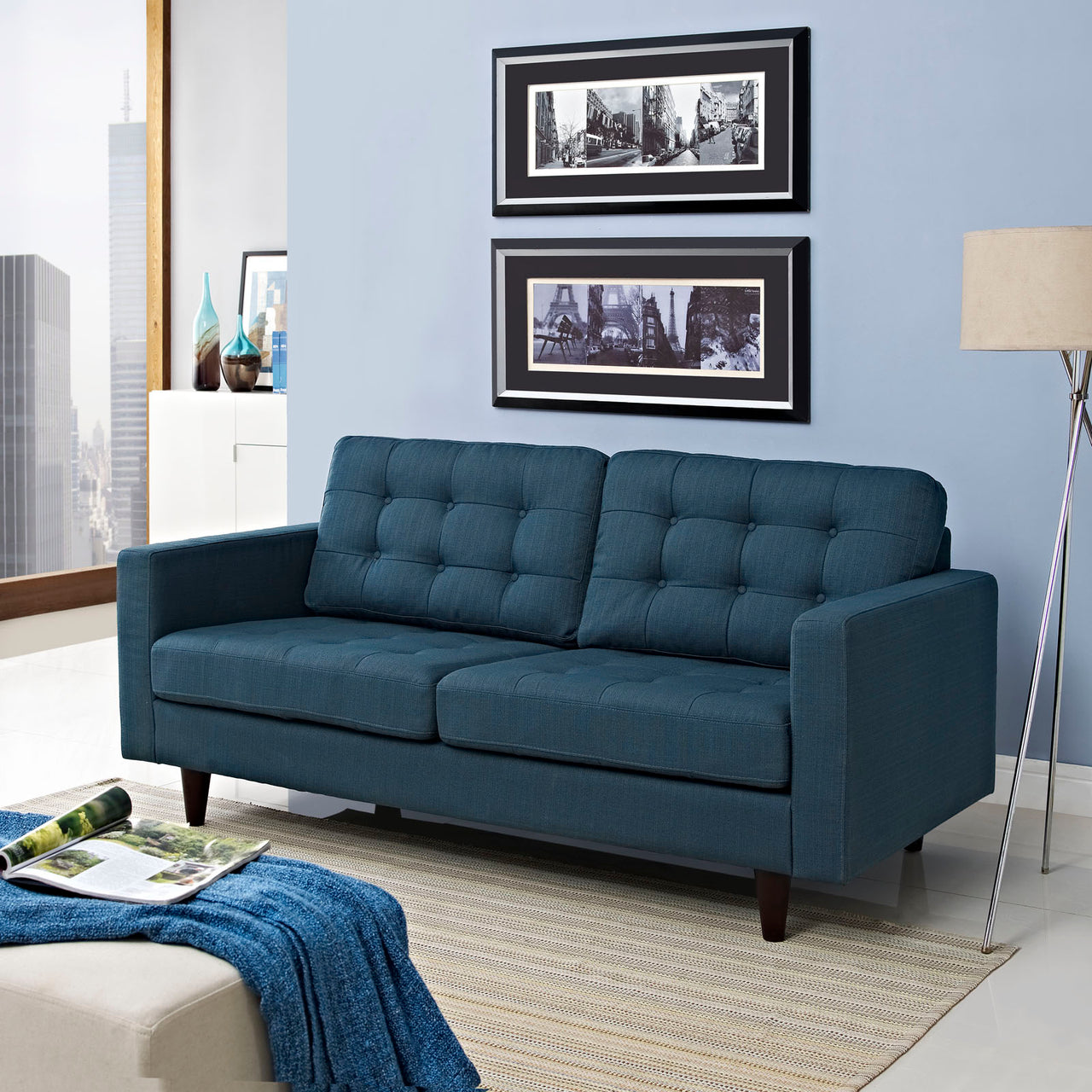 Empress Upholstered Fabric Loveseat, Azure