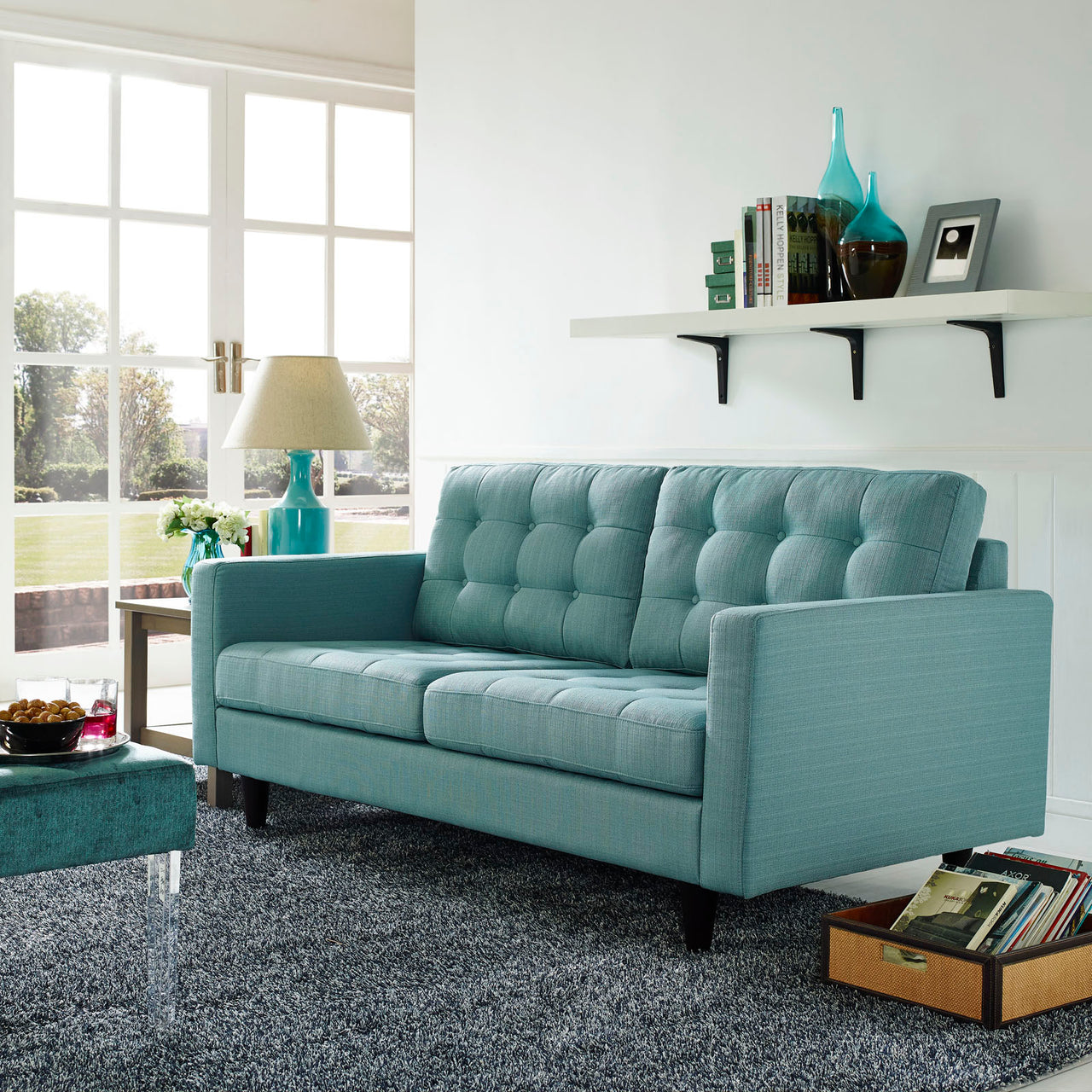 Dynasty Textured Fabric Loveseat, Aqua Green