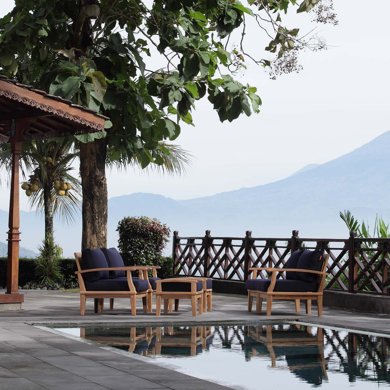 Marina 6 Piece Outdoor Patio Teak Set, Natural Wood & Navy