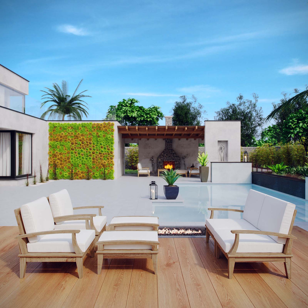 Marina 6 Piece Outdoor Patio Teak Set, Natural Wood & White