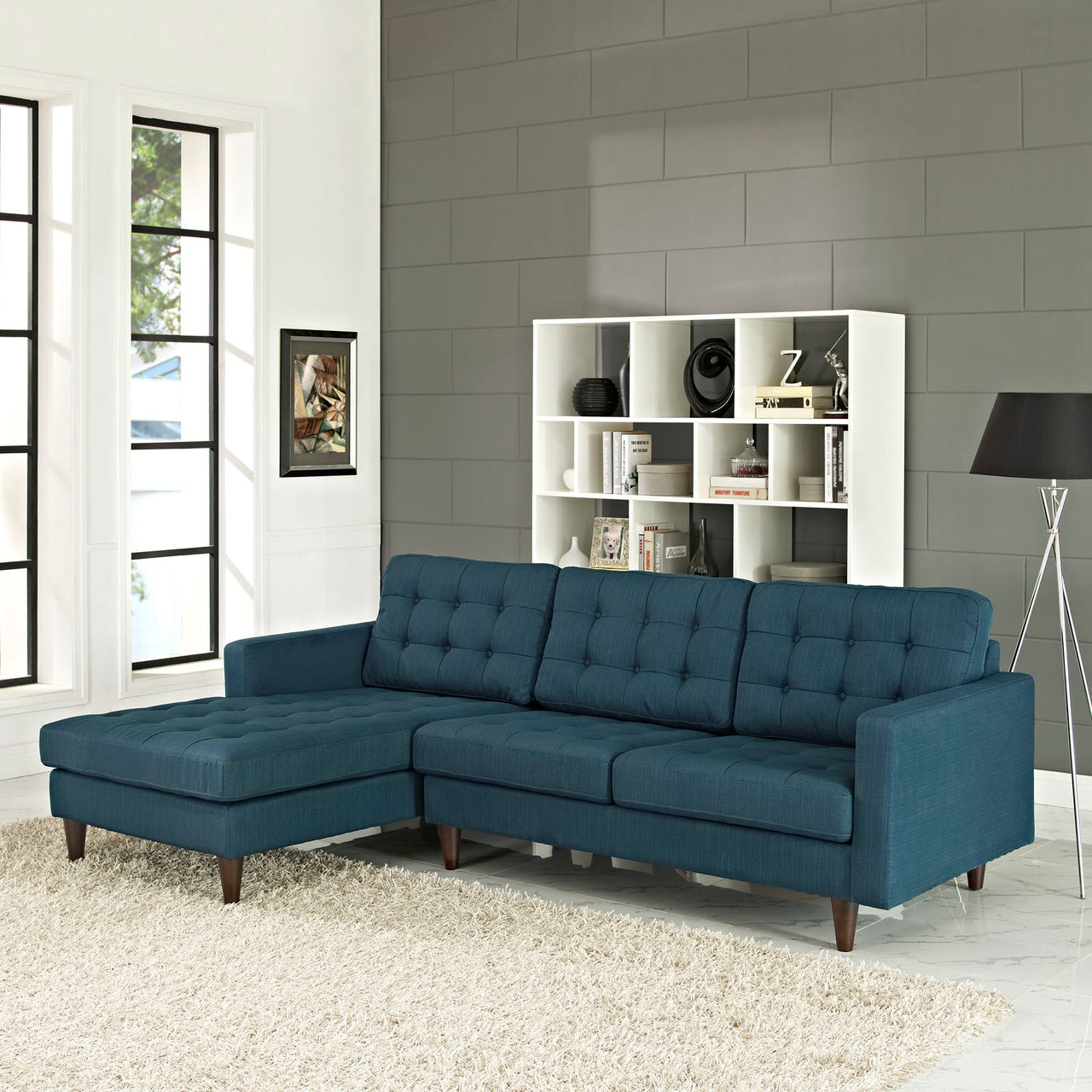 Empress Left-Facing Upholstered Fabric Sectional Sofa, Azure
