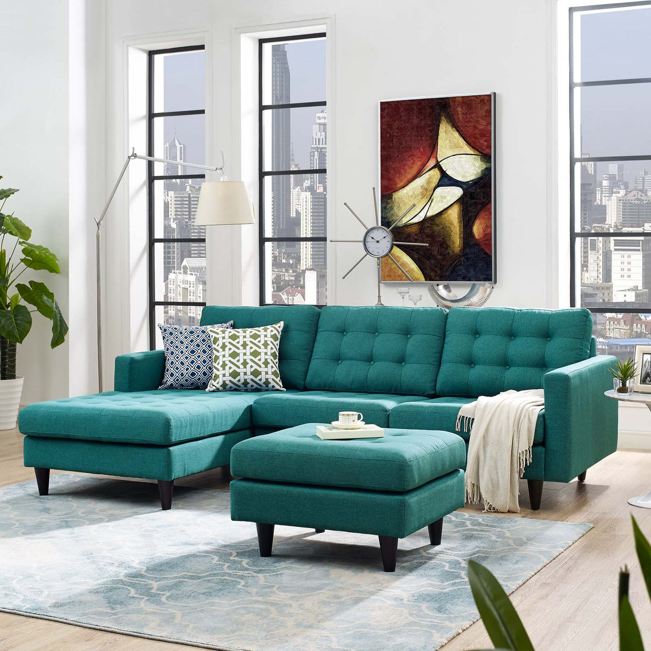 Empress Left-Facing Upholstered Fabric Sectional Sofa, Teal
