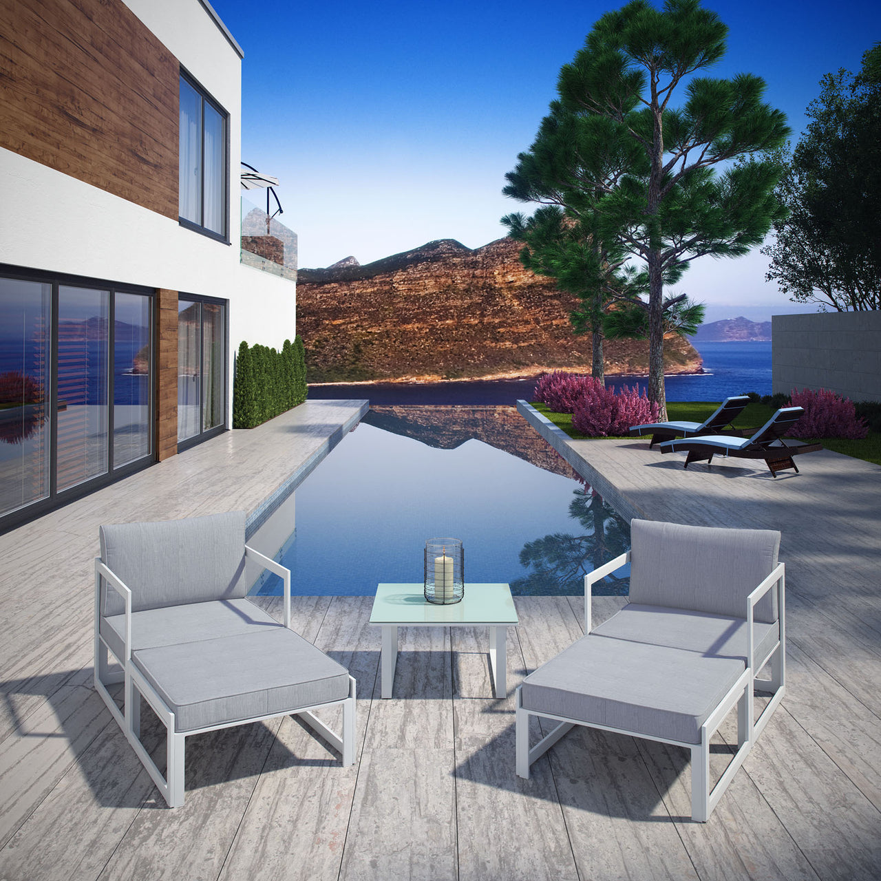 Fortuna 5 Piece Outdoor Patio Sectional Sofa Set, White & Gray