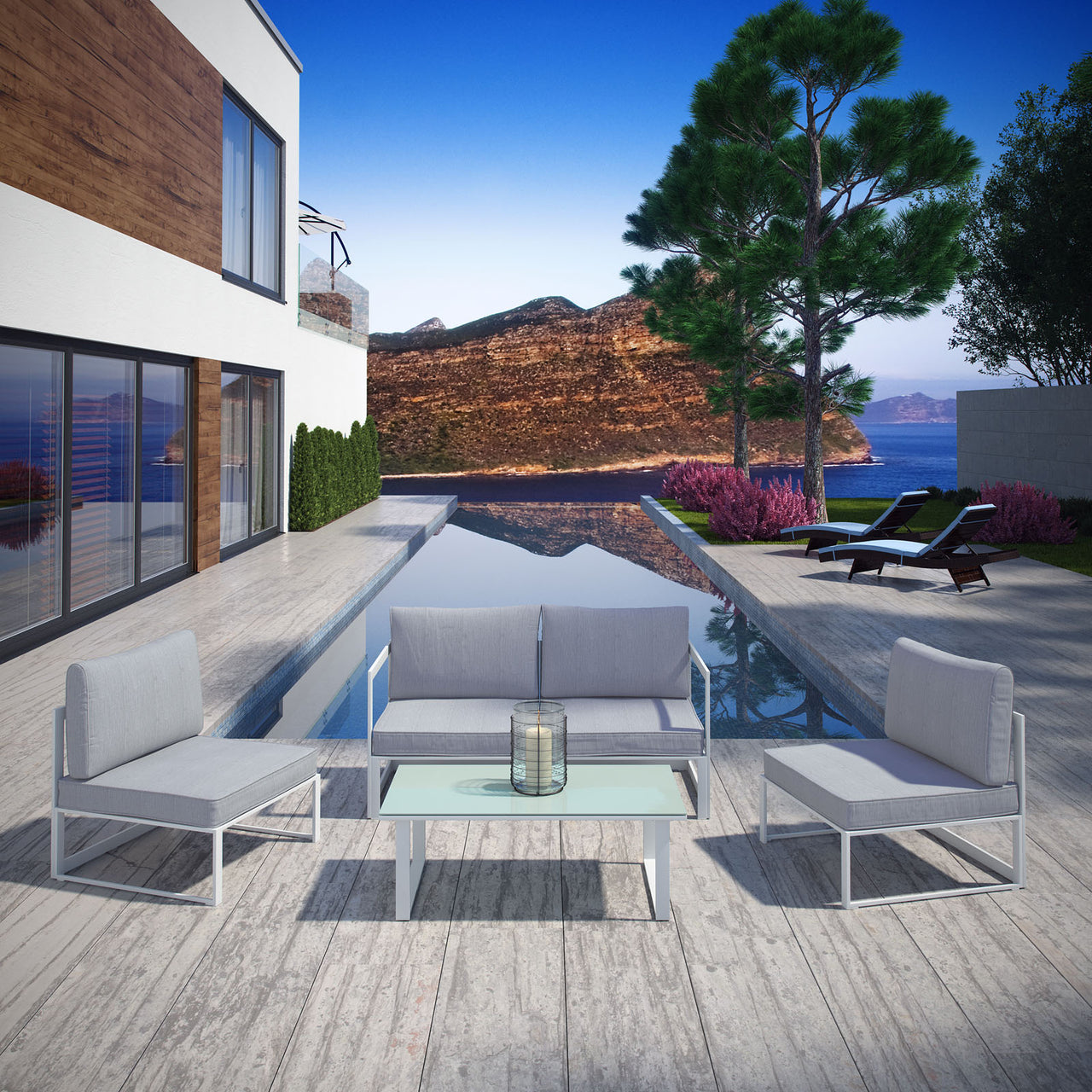 Fortuna 5 Piece Outdoor Patio Sectional Sofa Set, White & Gray