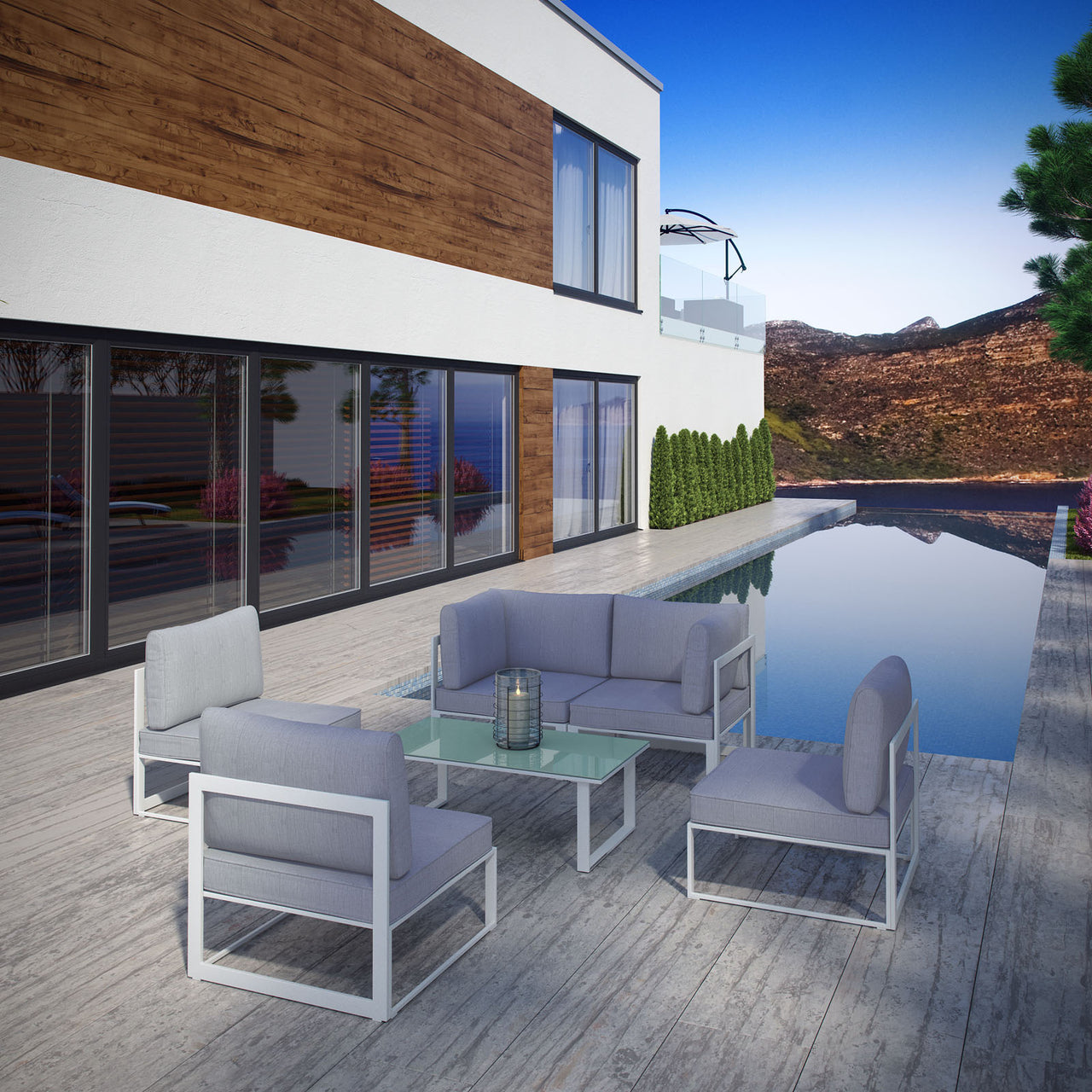 Fortuna 6 Piece Outdoor Patio Sectional Sofa Set, White & Gray