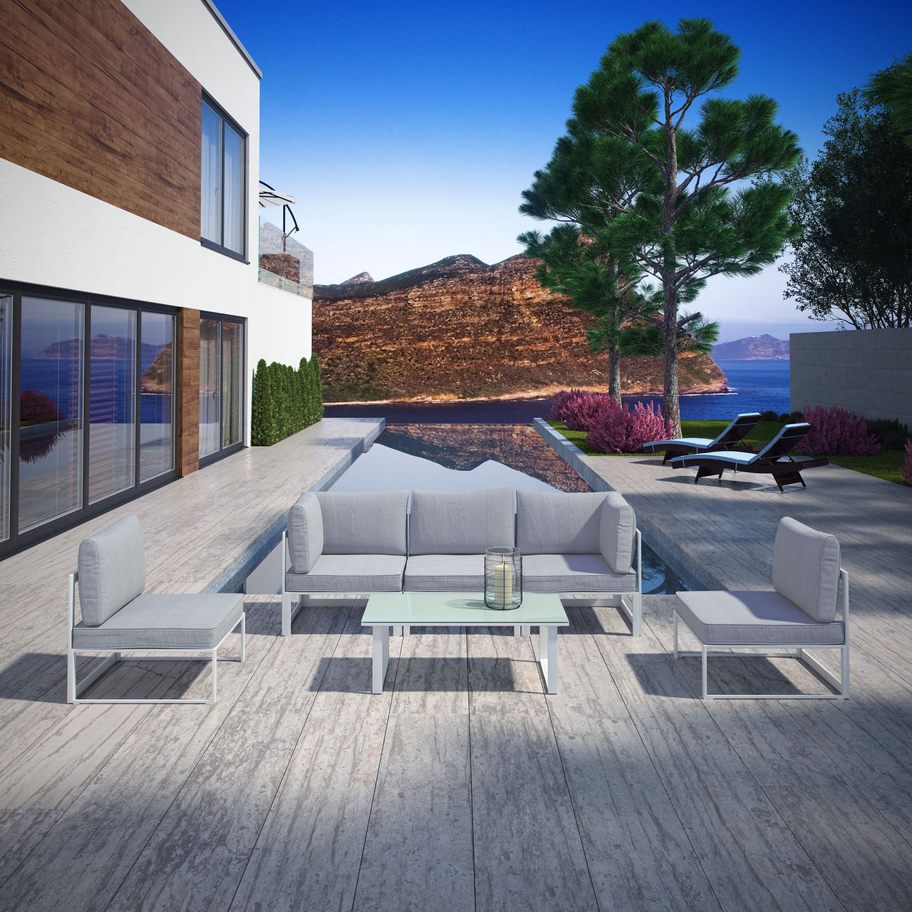 Fortuna 6 Piece Outdoor Patio Sectional Sofa Set, White & Gray