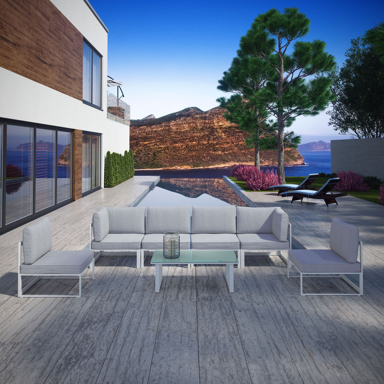 Fortuna 7 Piece Outdoor Patio Sectional Sofa Set, White & Gray